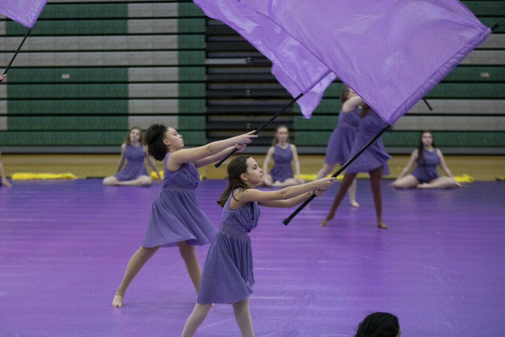 girls holding purple flags